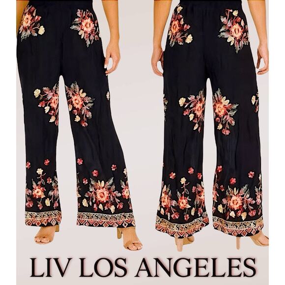 LIV Los Angeles Embroidered Wide Leg Pants Black Floral Boho Festival Rayon Sz S - Picture 1 of 11